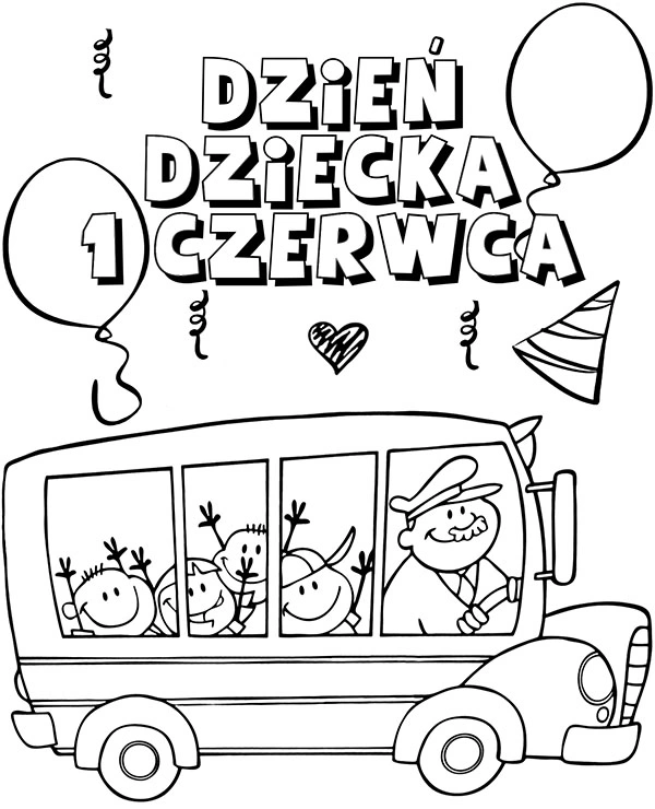 Kolorowanka autobus pełen dzieci 1 czerwca